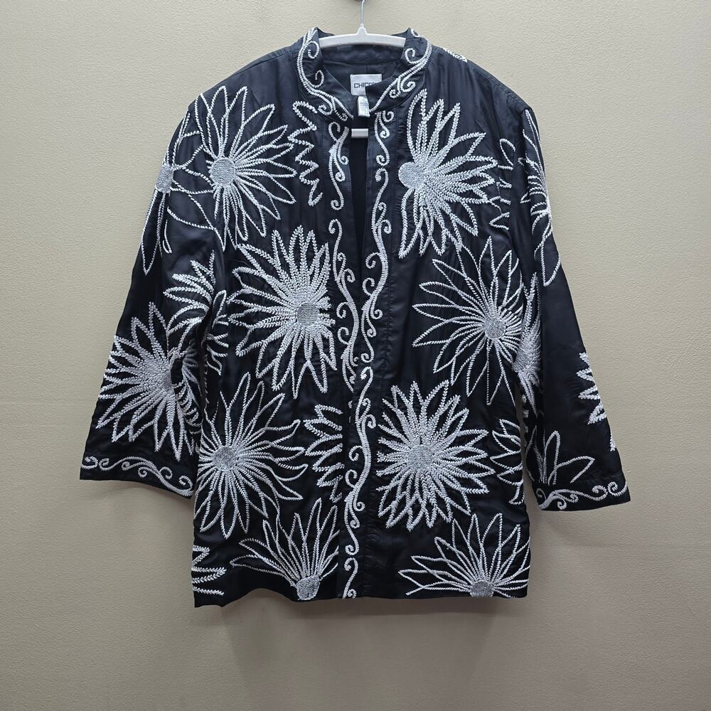 Chico's Silk Floral Embroidered Jacket Size 2 US Large Open Front Black & White